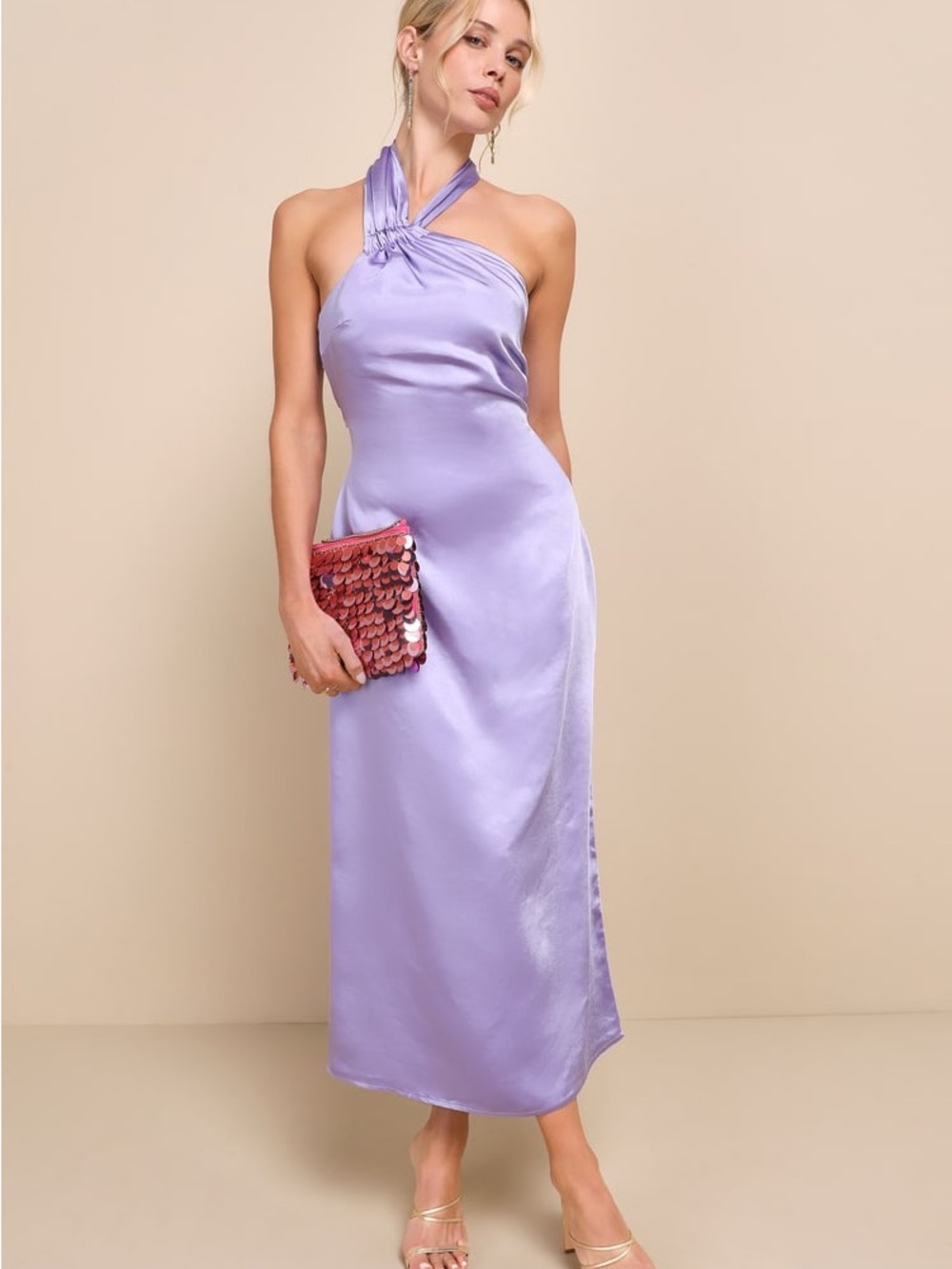 Lulus Perfectly Sleek Lavender Satin Halter Slip Midi Dress NWT Size M